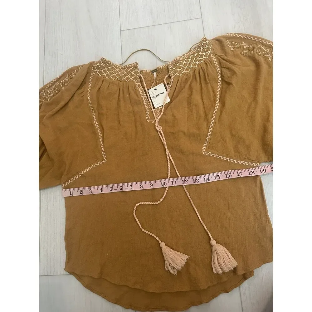 Free‎ People Notting Hill Embroidered Peasant Top Sz S - Mustard Yellow $168